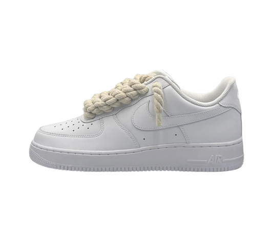 NIKE AIR FORCE 1 LOW TRIPLE WHITE / BEIGE ROPE LACES